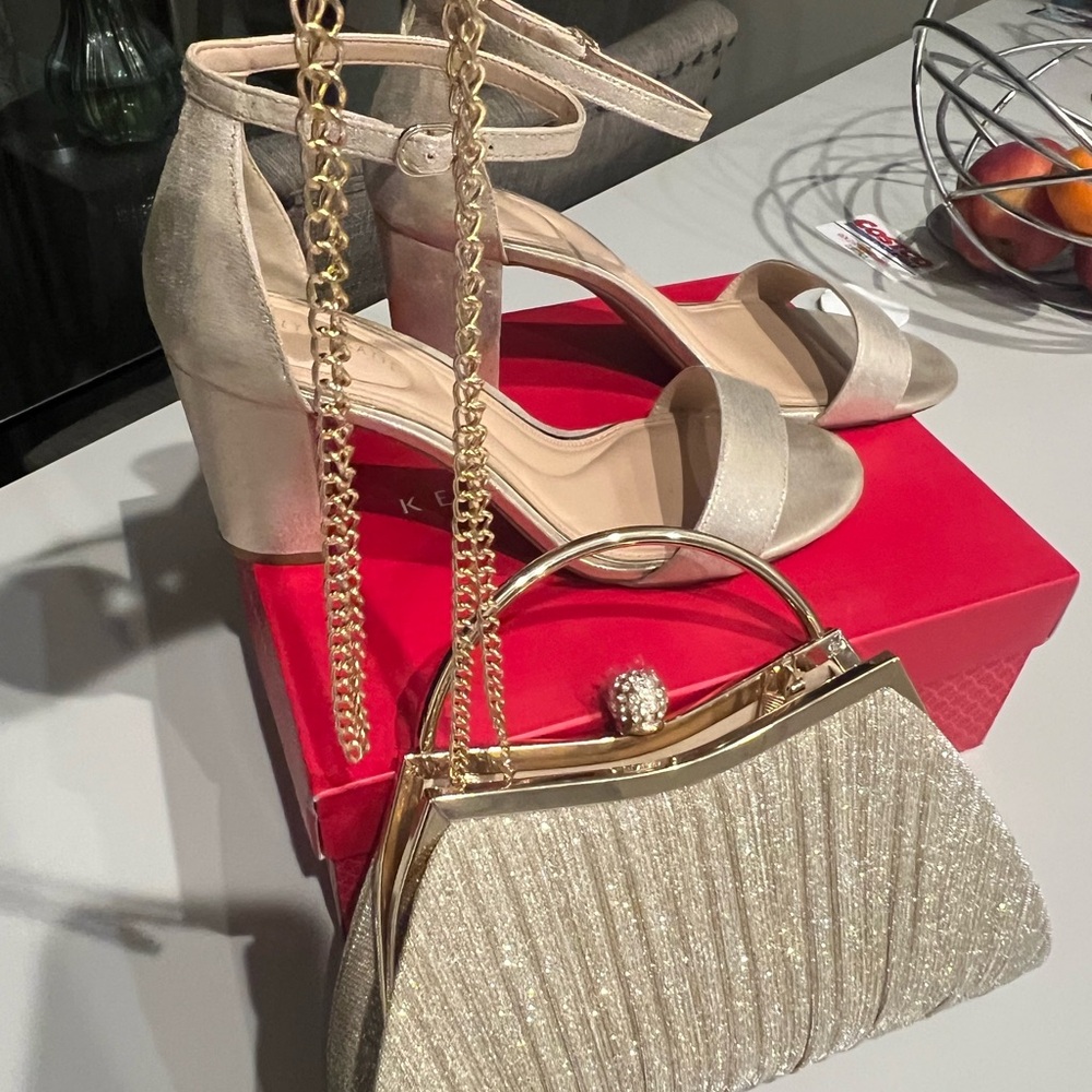 Sand Gold Handle Evening Clutch w/ Stone Closure & Chain Strap-Elegant - Picture 3 of 4